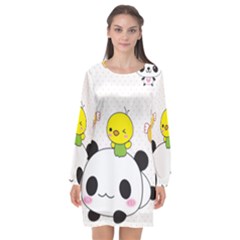 Giant Panda Red Panda Cartoon Drawing Long Sleeve Chiffon Shift Dress  by Sudhe