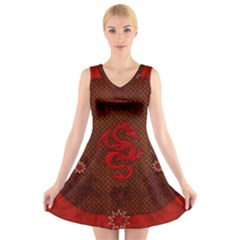 Awesome Chinese Dragon, Red Colors V-neck Sleeveless Dress by FantasyWorld7