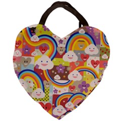 Rainbow Vintage Retro Style Kids Rainbow Vintage Retro Style Kid Funny Pattern With 80s Clouds Giant Heart Shaped Tote by genx