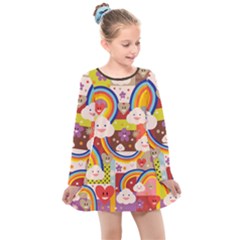 Rainbow Vintage Retro Style Kids Rainbow Vintage Retro Style Kid Funny Pattern With 80s Clouds Kids  Long Sleeve Dress by genx