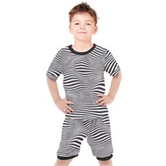 Retro Psychedelic Waves Pattern 80s Black And White Kids  Tee And Shorts Set by genx