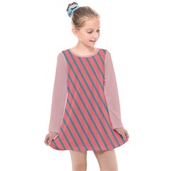 Living Coral Diagonal Stripes Kids  Long Sleeve Dress by LoolyElzayat