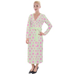 Roses Flowers Pink And Pastel Lime Green Pattern With Retro Dots Velvet Maxi Wrap Dress by genx