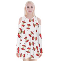 Red Apple Core Funny Retro Pattern Half On White Background Velvet Long Sleeve Shoulder Cutout Dress by genx