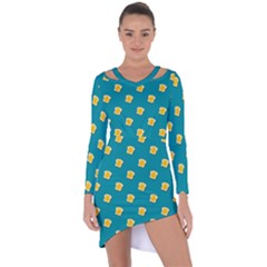 Toast With Cheese Funny Retro Pattern Turquoise Green Background Asymmetric Cut-out Shift Dress by genx