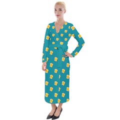 Toast With Cheese Funny Retro Pattern Turquoise Green Background Velvet Maxi Wrap Dress by genx