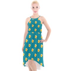 Toast With Cheese Funny Retro Pattern Turquoise Green Background High-low Halter Chiffon Dress  by genx