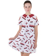 Funny Bacon Slices Pattern Infidel Red Meat Short Sleeve Shoulder Cut Out Dress  by genx