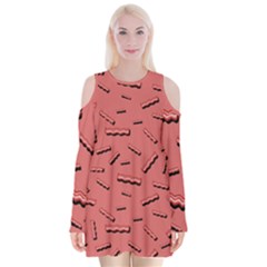 Funny Bacon Slices Pattern Infidel Vintage Red Meat Background  Velvet Long Sleeve Shoulder Cutout Dress by genx