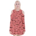 Funny Bacon Slices Pattern infidel vintage red meat background  Velvet Long Sleeve Shoulder Cutout Dress View1