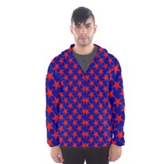 Red Stars Pattern On Blue Men s Hooded Windbreaker by BrightVibesDesign