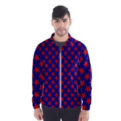 Red Stars Pattern On Blue Men s Windbreaker by BrightVibesDesign