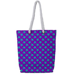 Turquoise Stars Pattern On Purple Full Print Rope Handle Tote (small) by BrightVibesDesign