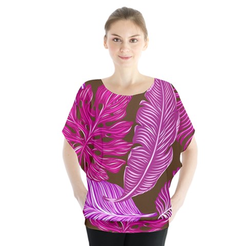 Tropical Pink Leaves Batwing Chiffon Blouse by snowwhitegirl