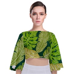 Tropical Green Leaves Tie Back Butterfly Sleeve Chiffon Top by snowwhitegirl