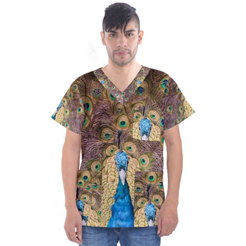 Peacock Feather Peacock Feather Men s V-neck Scrub Top by Pakrebo