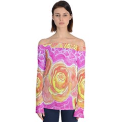 Orange Roses Watercolor Off Shoulder Long Sleeve Top by okhismakingart