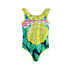 Sunset Rose Watercolor Kids  Frill Swimsuit by okhismakingart