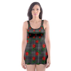 Roses Black Plaid Skater Dress Swimsuit by snowwhitegirl