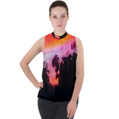 Sunset And Geraniums Mock Neck Chiffon Sleeveless Top by okhismakingart