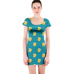 Toast With Cheese Pattern Turquoise Green Background Retro Funny Food Short Sleeve Bodycon Dress by genx