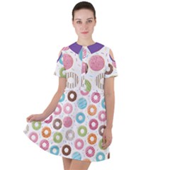 Donut Pattern With Funny Candies Short Sleeve Shoulder Cut Out Dress  by genx