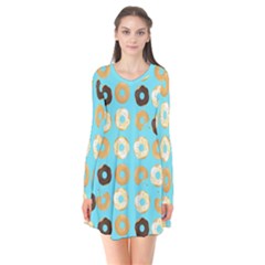 Donuts Pattern With Bites Bright Pastel Blue And Brown Long Sleeve V-neck Flare Dress by genx