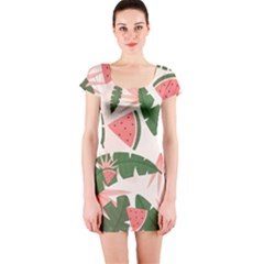 Tropical Watermelon Leaves Pink And Green Jungle Leaves Retro Hawaiian Style Short Sleeve Bodycon Dress by genx