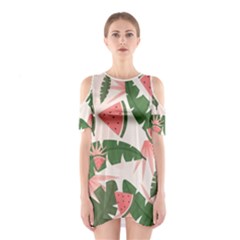 Tropical Watermelon Leaves Pink And Green Jungle Leaves Retro Hawaiian Style Shoulder Cutout One Piece Dress by genx