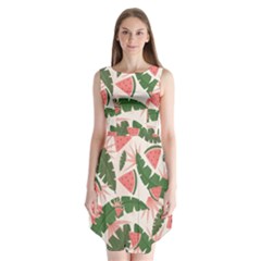 Tropical Watermelon Leaves Pink And Green Jungle Leaves Retro Hawaiian Style Sleeveless Chiffon Dress   by genx