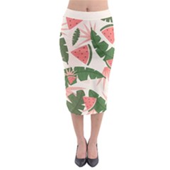 Tropical Watermelon Leaves Pink And Green Jungle Leaves Retro Hawaiian Style Midi Pencil Skirt by genx