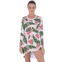 Tropical Watermelon Leaves Pink And Green Jungle Leaves Retro Hawaiian Style Asymmetric Cut-out Shift Dress by genx