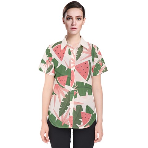 Tropical Watermelon Leaves Pink And Green Jungle Leaves Retro Hawaiian Style Women s Short Sleeve Shirt by genx