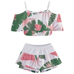 Tropical Watermelon Leaves Pink And Green Jungle Leaves Retro Hawaiian Style Kids  Off Shoulder Skirt Bikini by genx