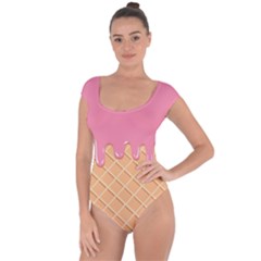 Ice Cream Pink Melting Background With Beige Cone Short Sleeve Leotard  by genx