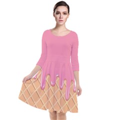 Ice Cream Pink Melting Background With Beige Cone Quarter Sleeve Waist Band Dress by genx