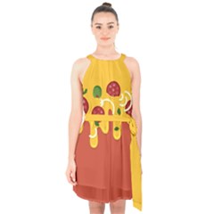 Pizza Topping Funny Modern Yellow Melting Cheese And Pepperonis Halter Collar Waist Tie Chiffon Dress by genx