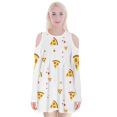 Pizza Pattern Pepperoni Cheese Funny Slices Velvet Long Sleeve Shoulder Cutout Dress by genx