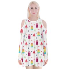 Popsicle Juice Watercolor With Fruit Berries And Cherries Summer Pattern Velvet Long Sleeve Shoulder Cutout Dress by genx