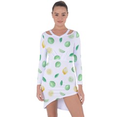 Lemon And Limes Yellow Green Watercolor Fruits With Citrus Leaves Pattern Asymmetric Cut-out Shift Dress by genx