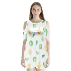 Lemon And Limes Yellow Green Watercolor Fruits With Citrus Leaves Pattern Shoulder Cutout Velvet One Piece by genx