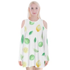 Lemon And Limes Yellow Green Watercolor Fruits With Citrus Leaves Pattern Velvet Long Sleeve Shoulder Cutout Dress by genx