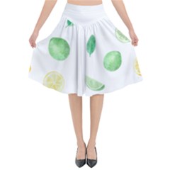 Lemon And Limes Yellow Green Watercolor Fruits With Citrus Leaves Pattern Flared Midi Skirt by genx