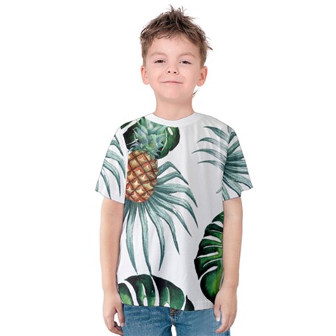 Pineapple Tropical Jungle Giant Green Leaf Watercolor Pattern Kids  Cotton Tee by genx