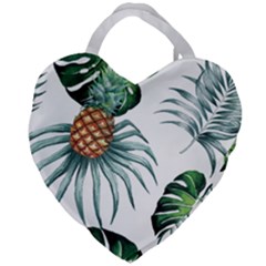 Pineapple Tropical Jungle Giant Green Leaf Watercolor Pattern Giant Heart Shaped Tote by genx