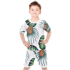 Pineapple Tropical Jungle Giant Green Leaf Watercolor Pattern Kids  Tee And Shorts Set by genx