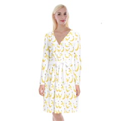 Yellow Banana And Peels Pattern With Polygon Retro Style Long Sleeve Velvet Front Wrap Dress by genx