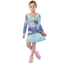 Cute Fairy Dancing On A Piano Kids  Long Sleeve Velvet Dress by FantasyWorld7