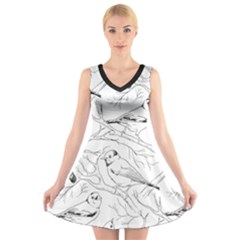 Birds Hand Drawn Outline Black And White Vintage Ink V-neck Sleeveless Dress by genx