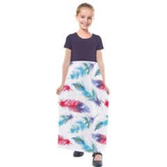 Feathers Boho Style Purple Red And Blue Watercolor Kids  Short Sleeve Maxi Dress by genx